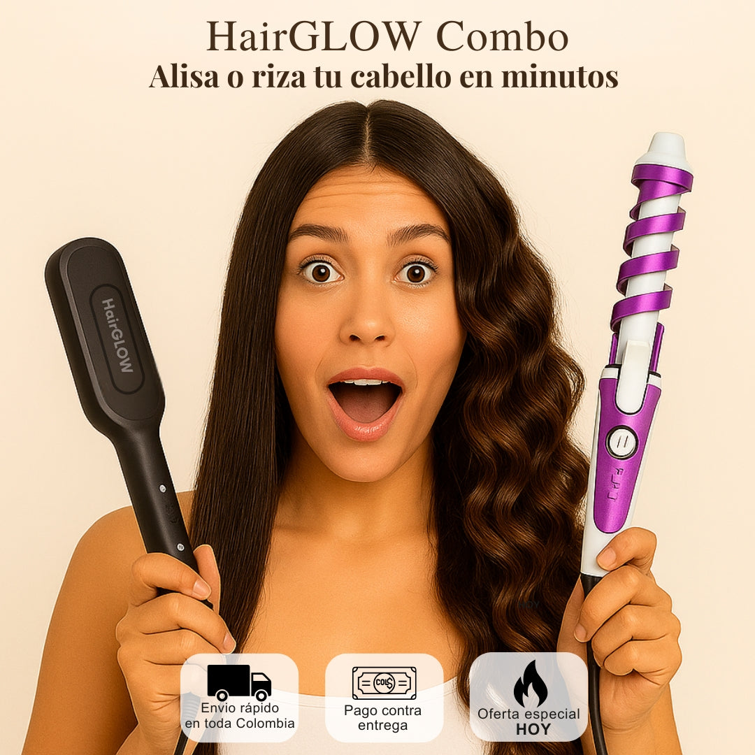 Combo HairGlow - Cepillo Alisador Iónico 2 en 1 + Rizador Ondas Pro GRATIS