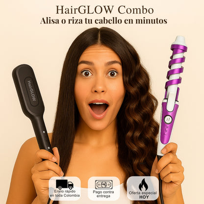 Combo HairGlow - Cepillo Alisador Iónico 2 en 1 + Rizador Ondas Pro GRATIS